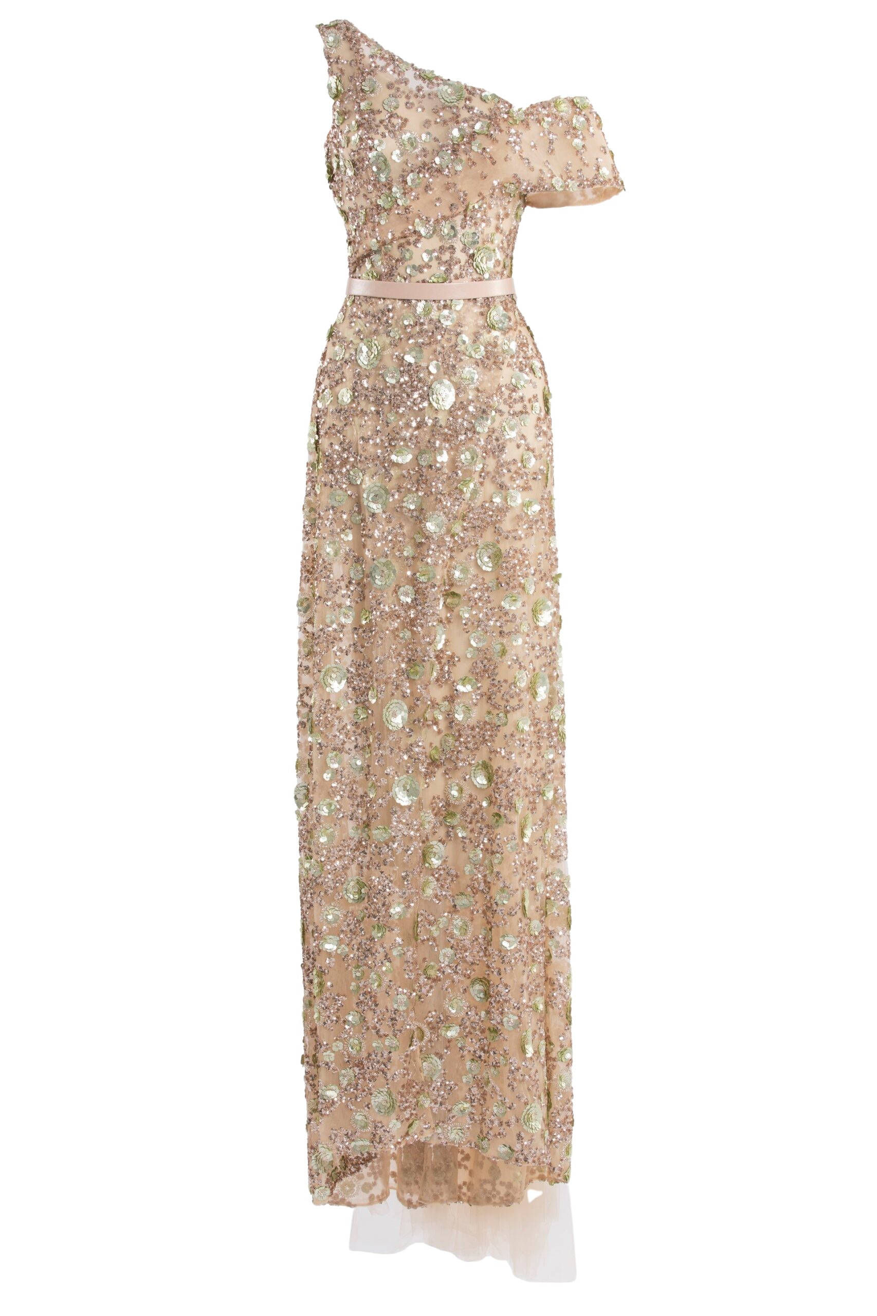 Saiid Kobeisy Tulle dress, with envelope skirt and off-shoulder sleeve and tulle tail