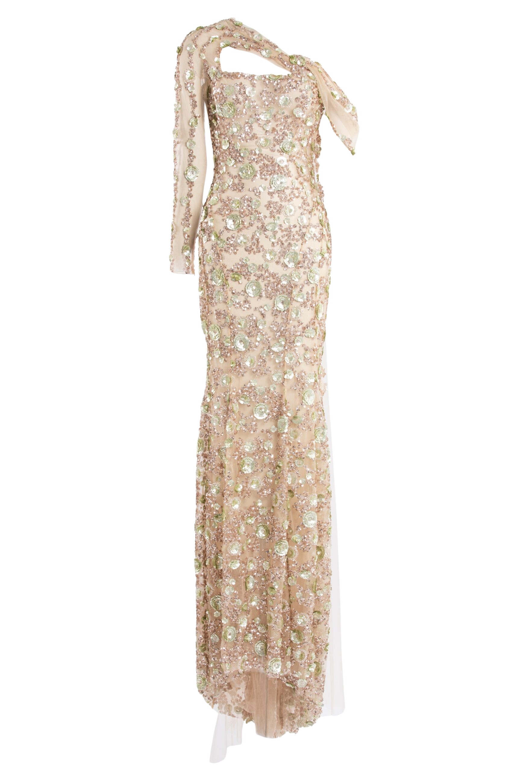 Saiid Kobeisy Tulle one-shoulder sleeve, dress with dotted beading a tulle tail