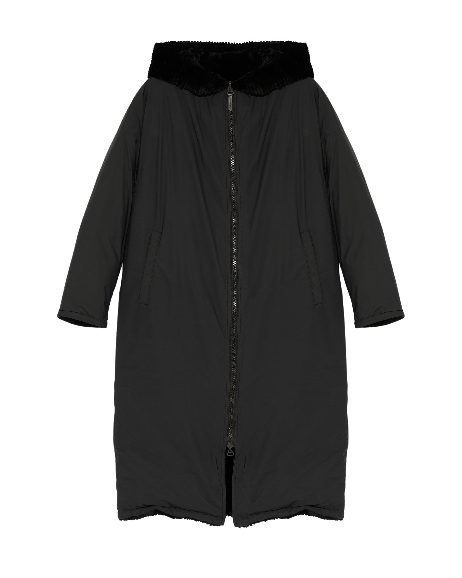 Yves Salomon Long Hooded Down Jacket In Technical Fabric Reversible Ribbed Rex Rabbit Fur