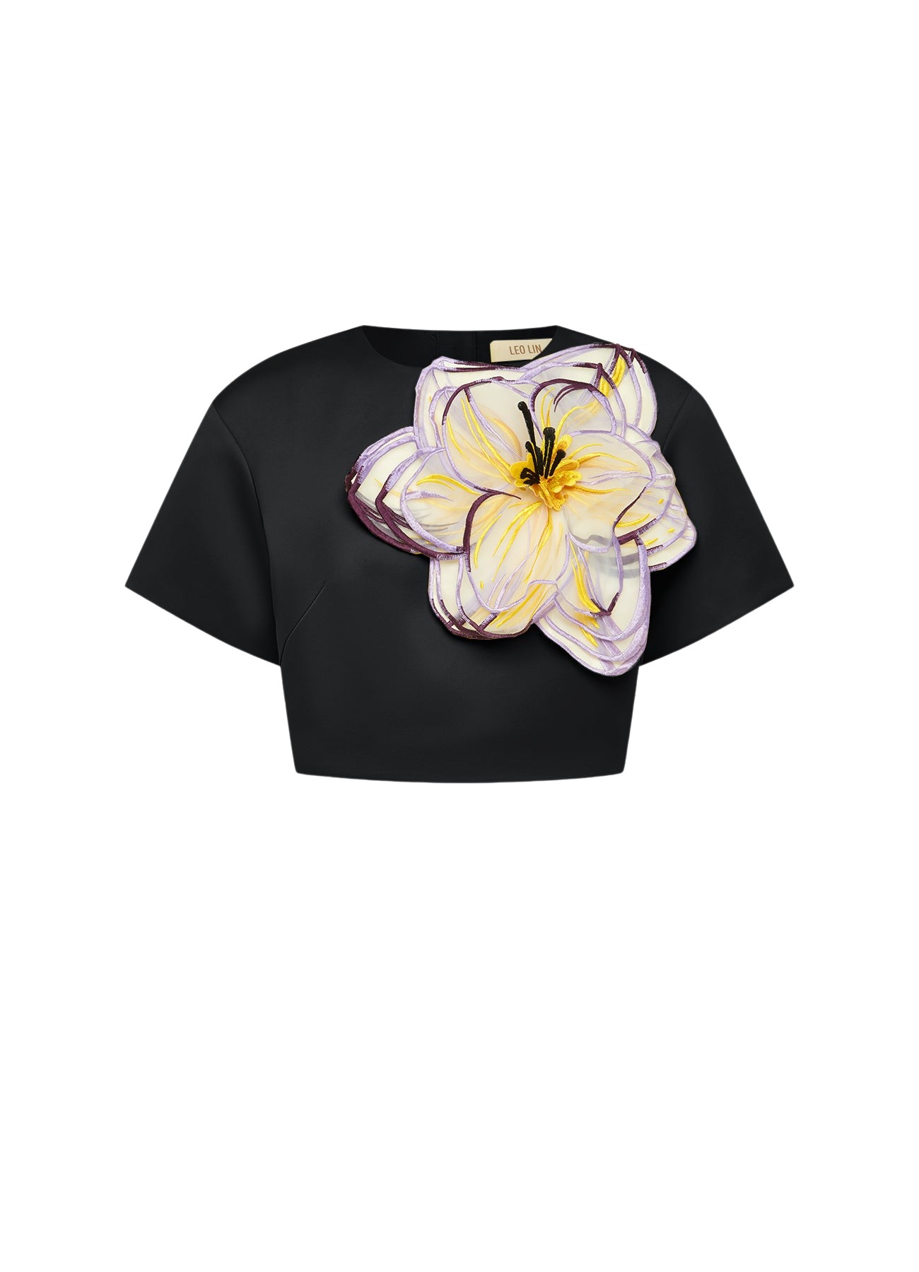 Leo Lin Indie Appliqué Sleeve Top – Iris Print in Ebony