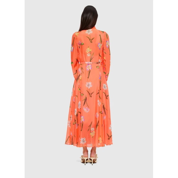 Liliane Tie Neck Midi Dress - Wild Flower in Coral