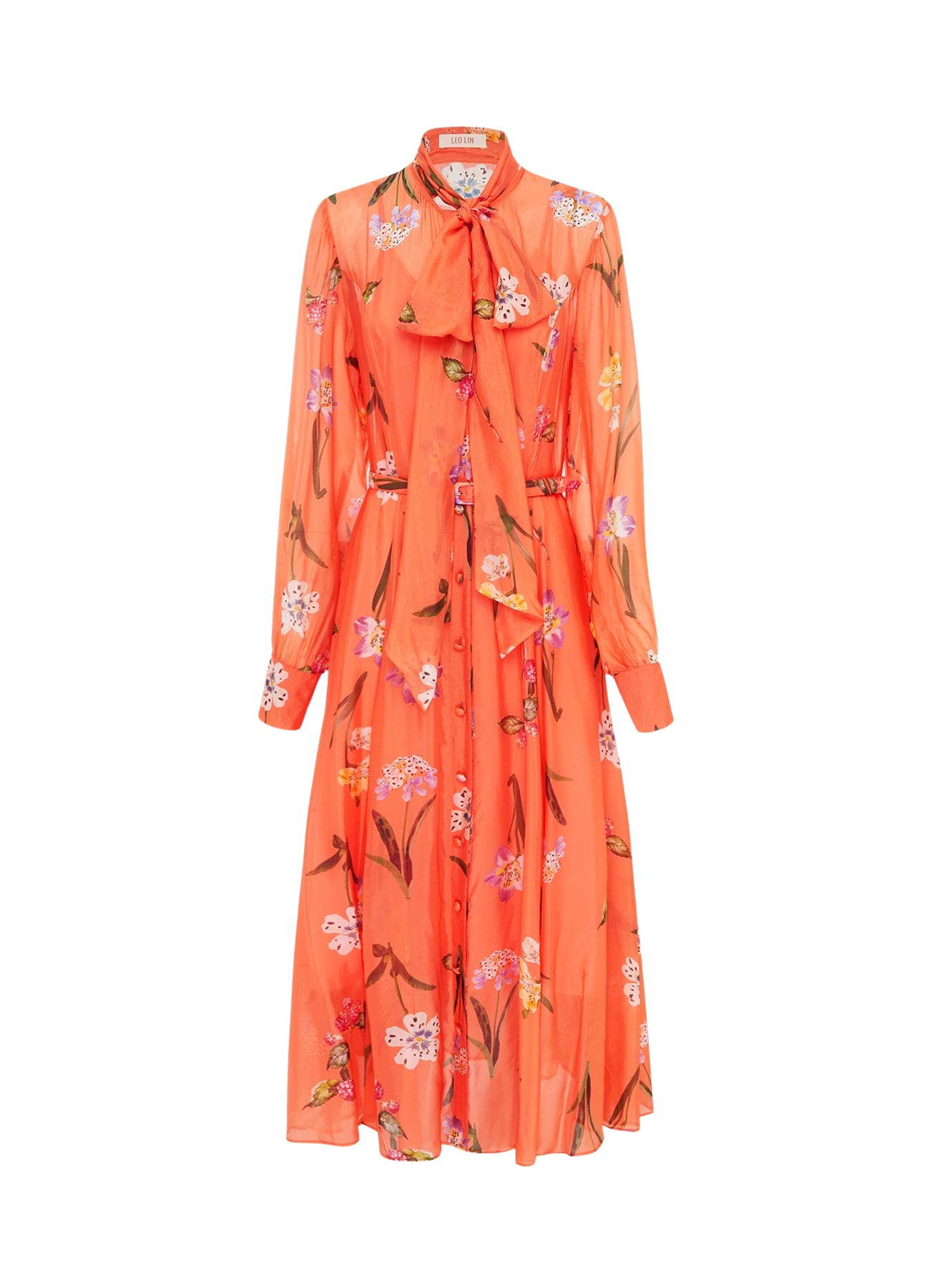 Leo Lin Liliane Tie Neck Midi Dress – Wild Flower in Coral
