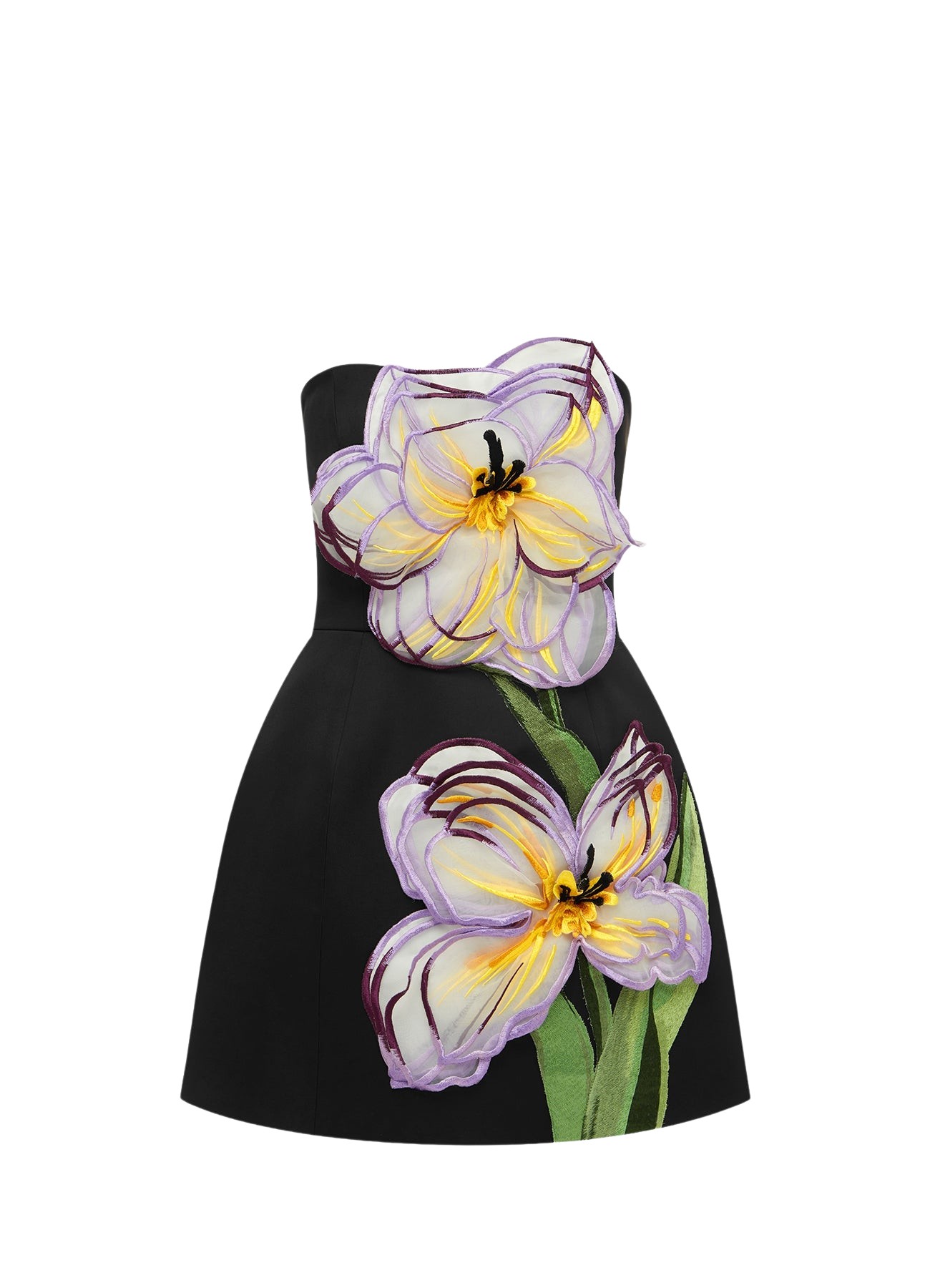 Leo Lin Rosario Appliqué Floral Bustier Mini Dress – Iris Print in Ebony