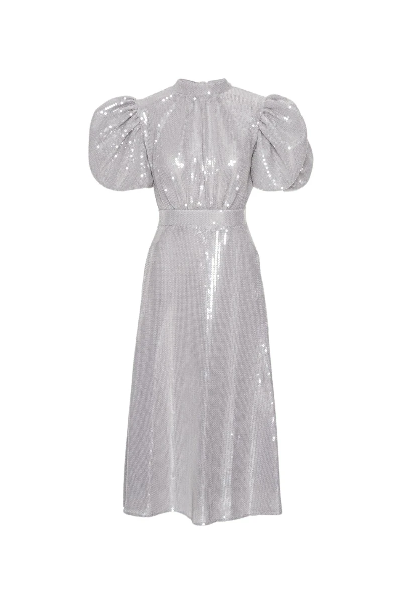 Rotate-Birger-Christensen-Sequin-Midi-Puff-Dress-Light-Grey99395_nobg Rotate Gray Dresses luxury Clothing from Luxury Handbags Marketplace