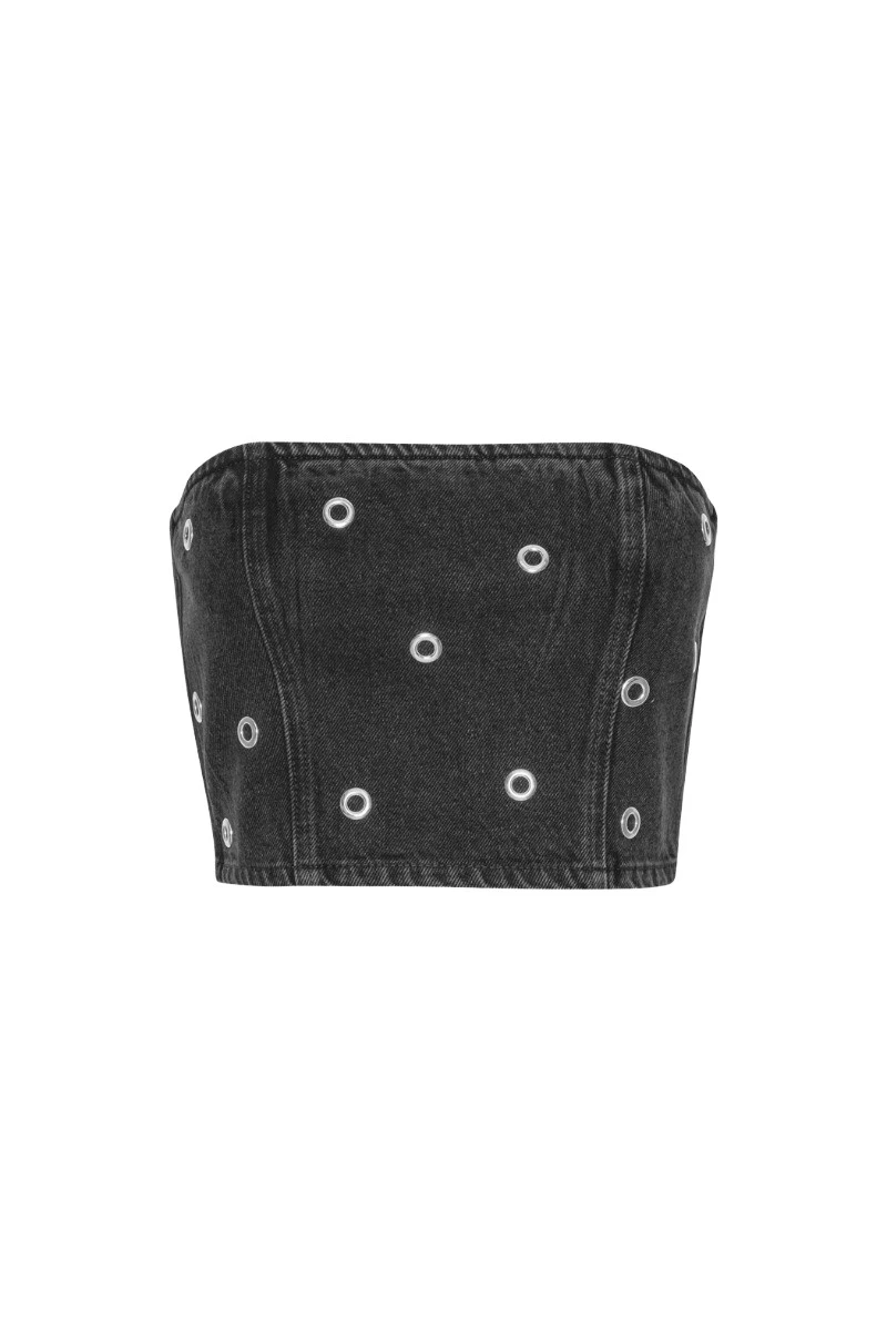 Rotate-Birger-Christensen-Studded-Denim-Top-Dark-Grey-117931_nobg Rotate Gray Tops luxury Clothing from Luxury Handbags Marketplace