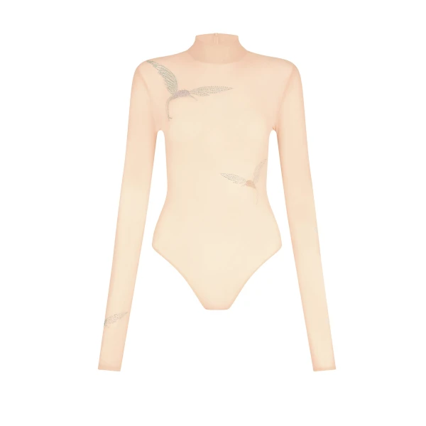 David Koma Long Sleeve Hummingbird Rhinestone Bodysuit
