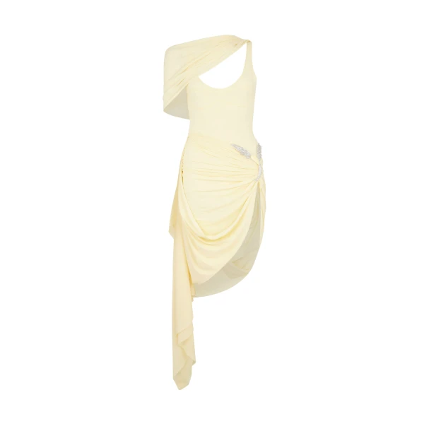 David Koma Ruched Asymmetric Midi Dress With Crystal Hummingbird