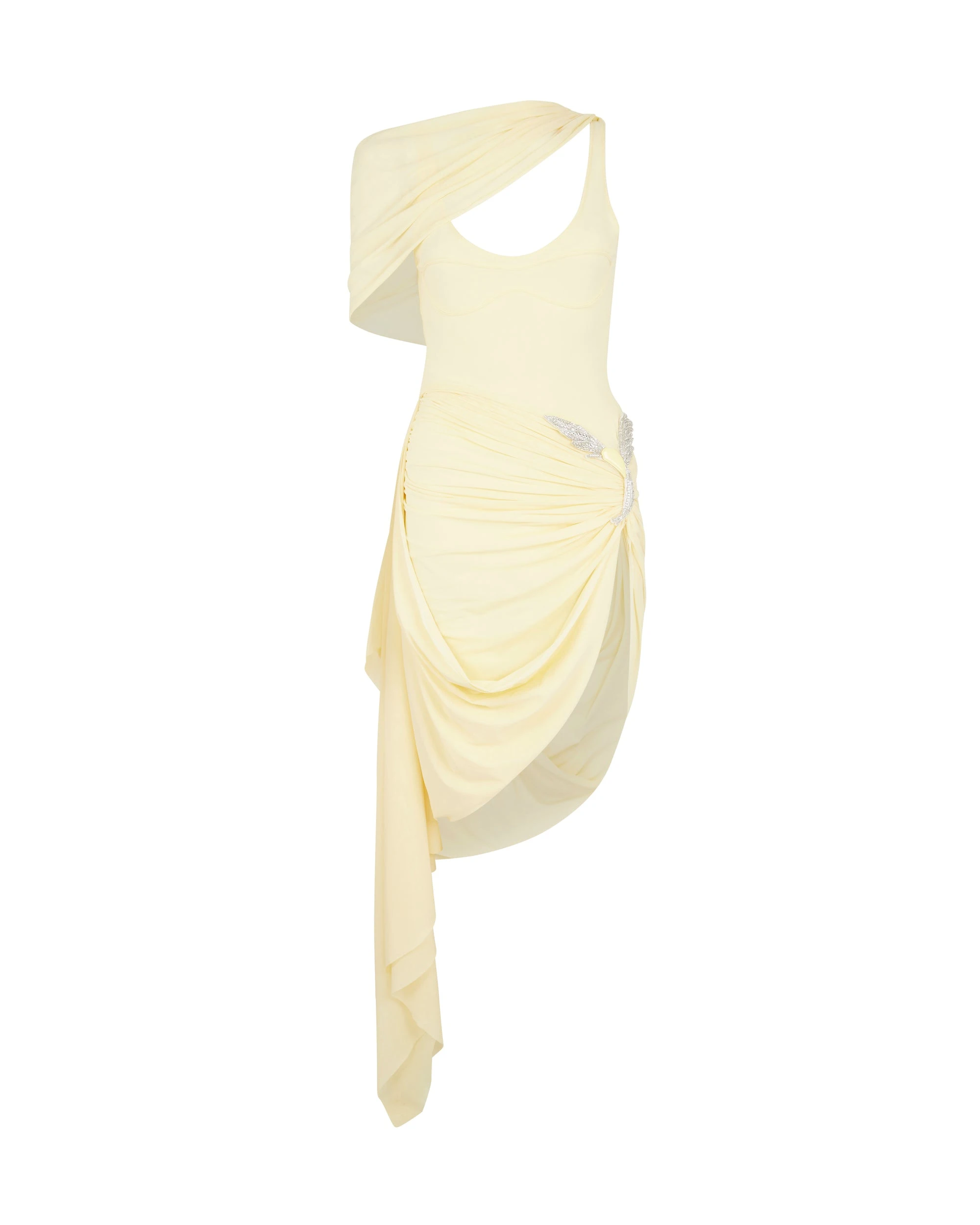 David Koma Ruched Asymmetric Midi Dress With Crystal Hummingbird David Koma Ruched Asymmetric Midi Dress With Crystal Hummingbird