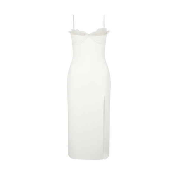David Koma Ruffle&Feather Balconette Bra Open Leg Midi Dress