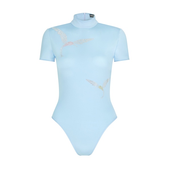 David Koma Short Sleeve Hummingbird Rhinestone Bodysuit