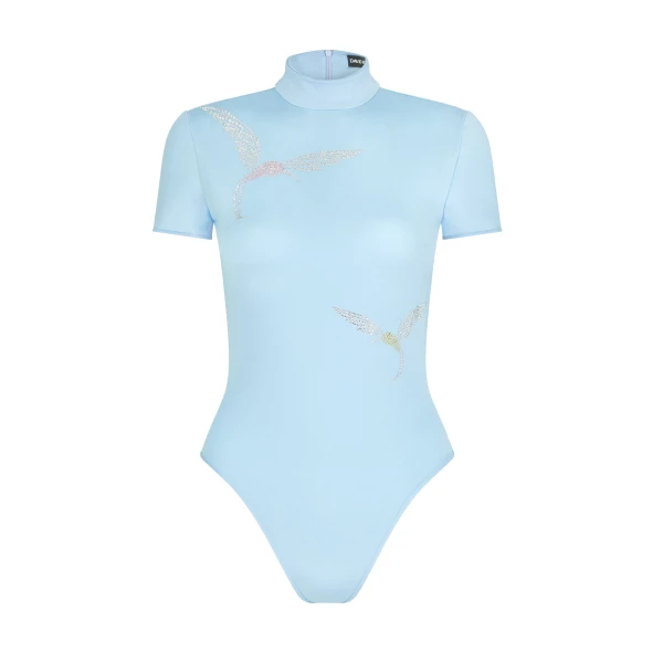 David Koma Short Sleeve Hummingbird Rhinestone Bodysuit