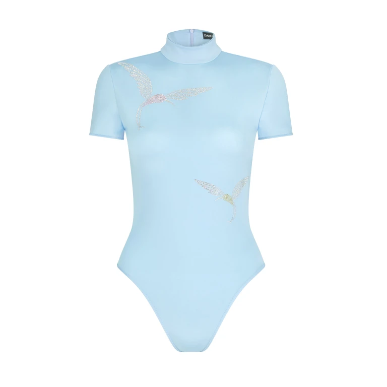 David Koma Short Sleeve Hummingbird Rhinestone Bodysuit