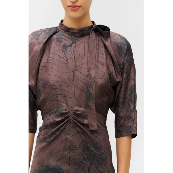 Scribble Tree Tie Neck Dress