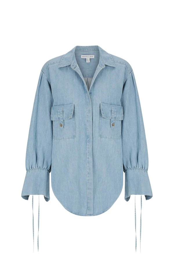 Shona-Joy-Ellsworth-Gathered-Shirt-Bleached-Blue88119_nobg Shona Joy Blue Tops luxury Clothing from Luxury Handbags Marketplace