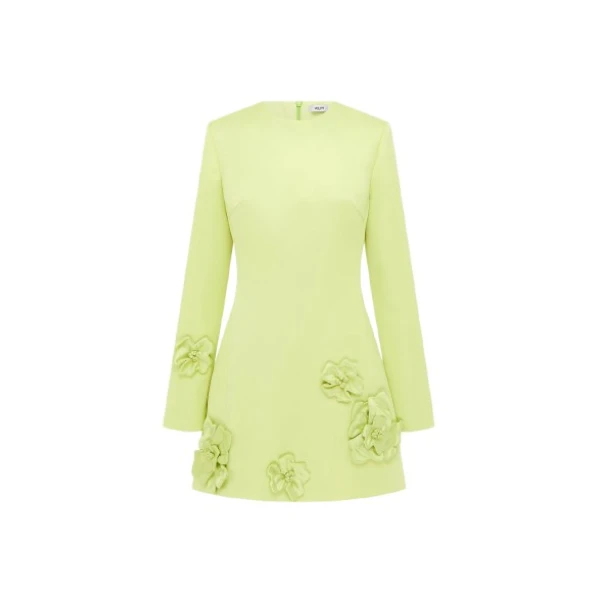 Leo Lin green mini dress – sleeveless fit-and-flare dress with floral appliqué detailing and structured silhouette.