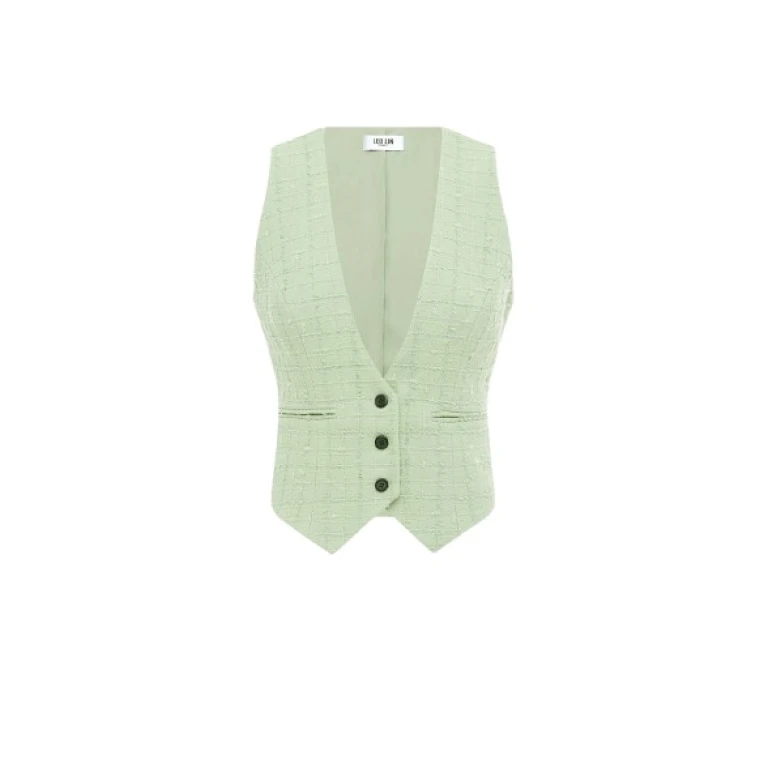 Leo Lin green vest – sleeveless tailored vest with structured silhouette, front buttons, and lapel collar.