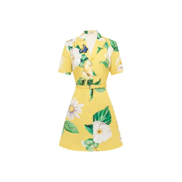 Leo Lin yellow floral mini dress – collared shirtdress with short sleeves, belted waist, and A-line silhouette.