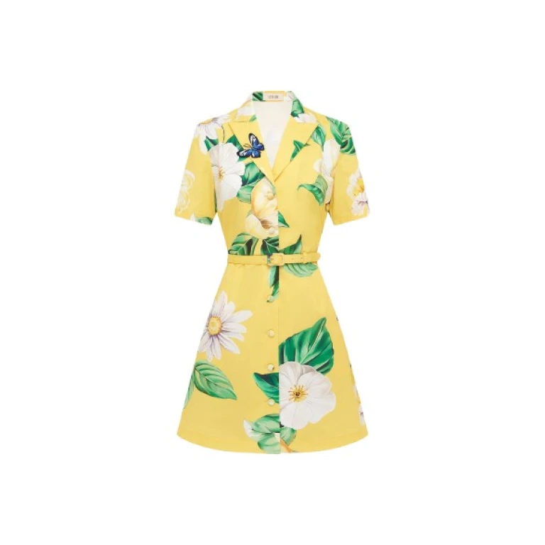 Leo Lin yellow floral mini dress – collared shirtdress with short sleeves, belted waist, and A-line silhouette.