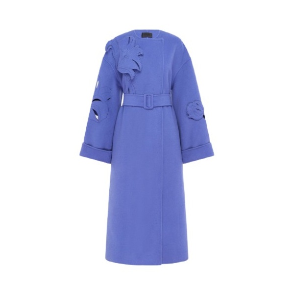 Leo Lin purple coat – sleeveless tailored coat with flared hem, floral embellishments, and structured silhouette.