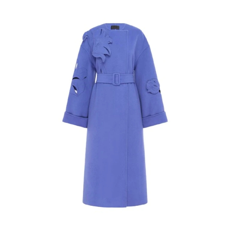 Leo Lin purple coat – sleeveless tailored coat with flared hem, floral embellishments, and structured silhouette.