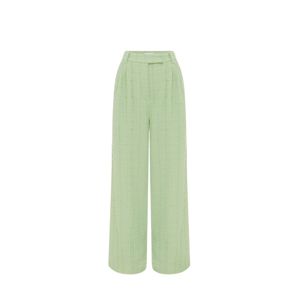 Leo Lin green tweed wide-leg pants – high-waisted trousers with front button closure, belt loops, and side pockets.