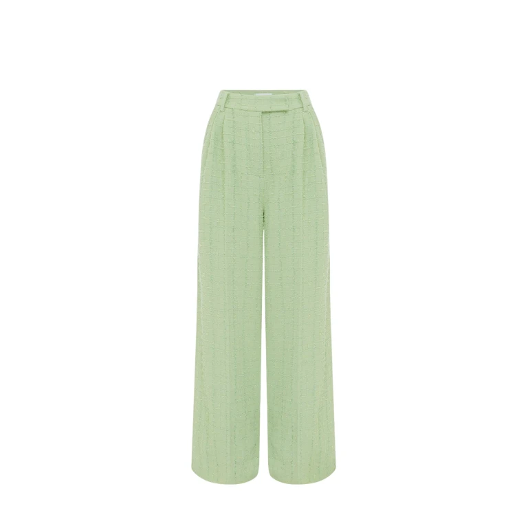 Leo Lin green tweed wide-leg pants – high-waisted trousers with front button closure, belt loops, and side pockets.