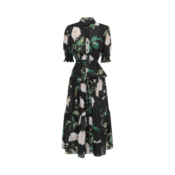 Leo Lin black midi dress – bishop sleeves, high neckline, fitted waist, and flared skirt.