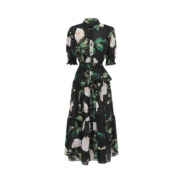Leo Lin black midi dress – bishop sleeves, high neckline, fitted waist, and flared skirt.