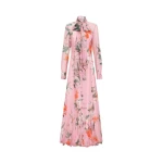 Leo Lin pink maxi dress – long-sleeved dress with tie-neck detail, button-down front, and relaxed silhouette.