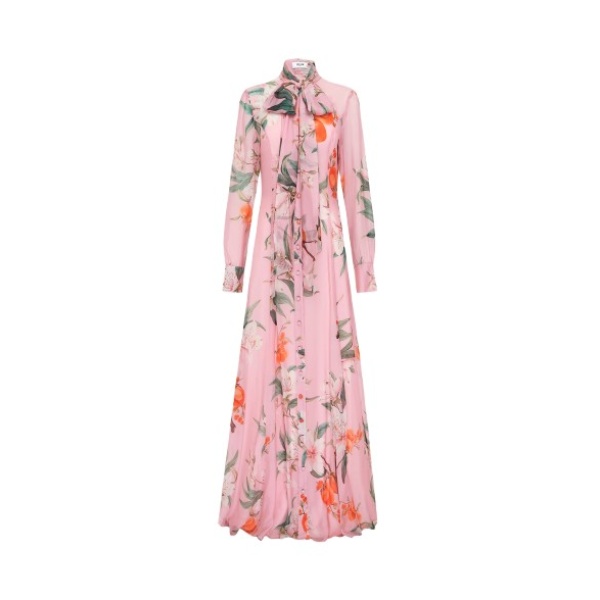 Leo Lin pink maxi dress – long-sleeved dress with tie-neck detail, button-down front, and relaxed silhouette.