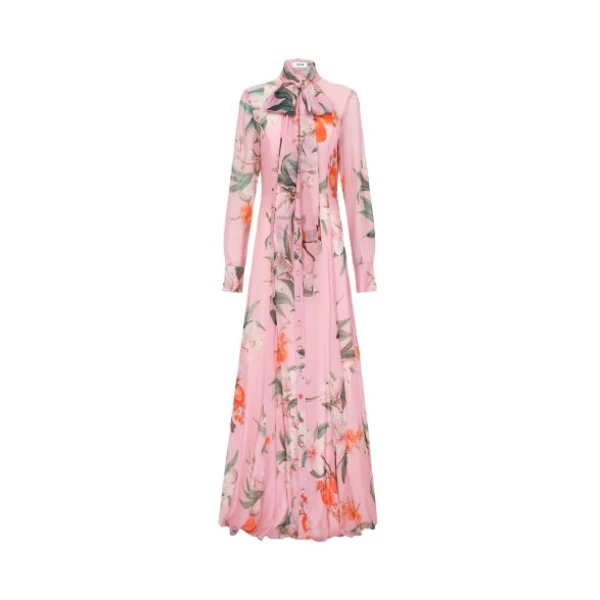 Leo Lin pink maxi dress – long-sleeved dress with tie-neck detail, button-down front, and relaxed silhouette.