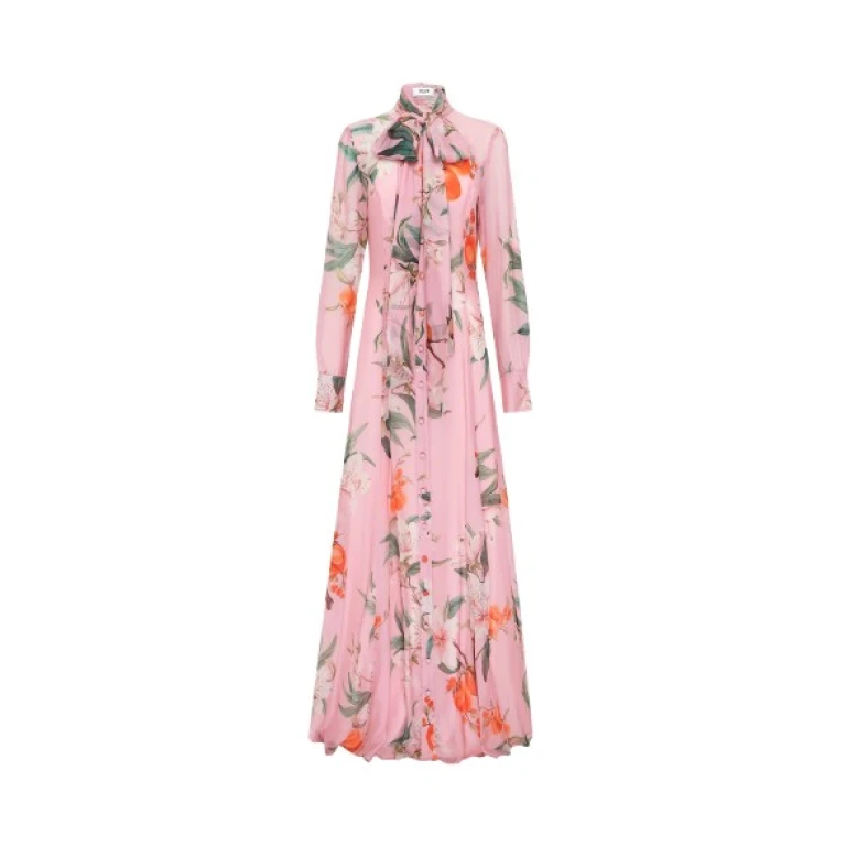 Leo Lin pink maxi dress – long-sleeved dress with tie-neck detail, button-down front, and relaxed silhouette.