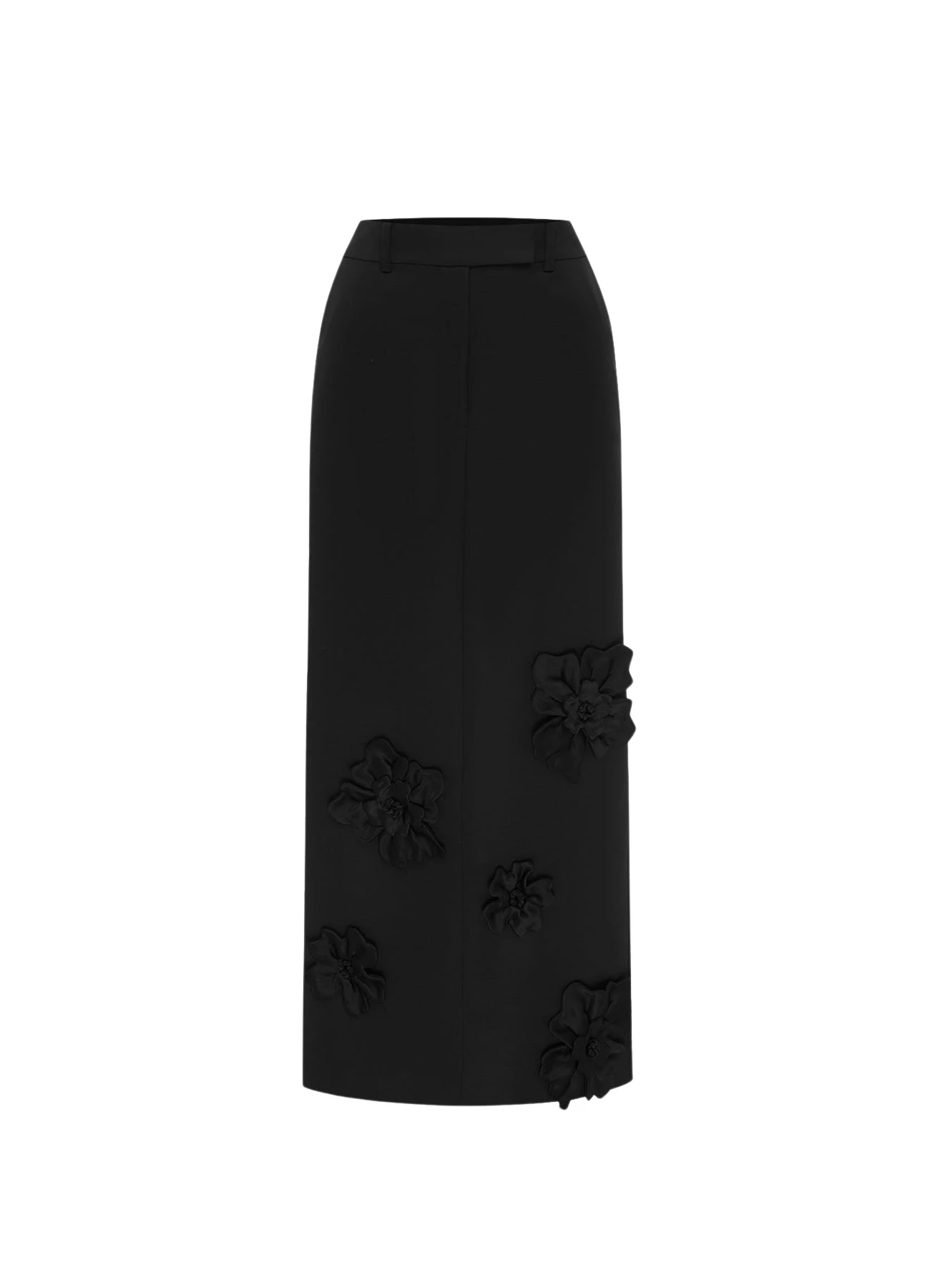 Leo-Lin-Olivia41025_nobg Leo Lin black midi skirt – high-waisted A-line skirt with floral appliqué detailing and flared silhouette.