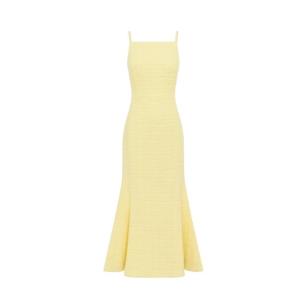 Leo Lin yellow midi dress – sleeveless dress with square neckline, spaghetti straps, fitted bodice, and A-line skirt.