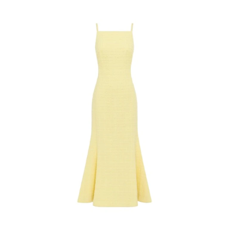 Leo Lin yellow midi dress – sleeveless dress with square neckline, spaghetti straps, fitted bodice, and A-line skirt.