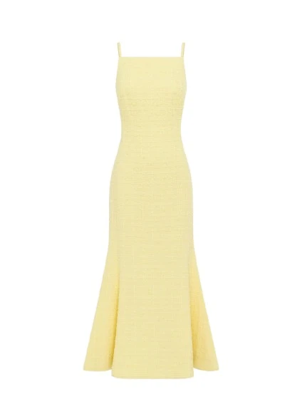 Leo-Lin-Regina70580_nobg Leo Lin yellow midi dress – sleeveless dress with square neckline, spaghetti straps, fitted bodice, and A-line skirt.