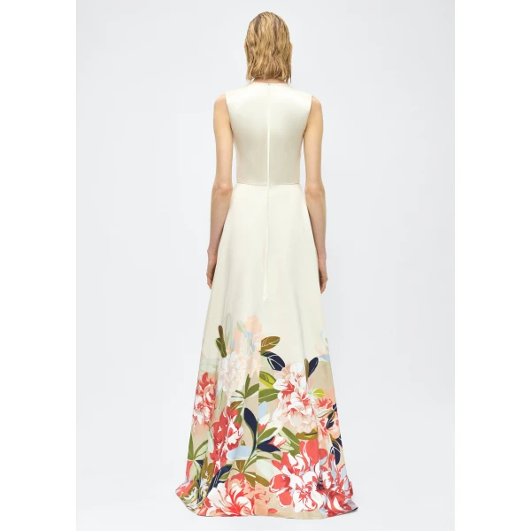 P25 collection: The Alienor Dress in printed duchess satin is defined by its elegant simplicity. Adorned with the Pre-Fall collection’s Sicily-inspired floral motif