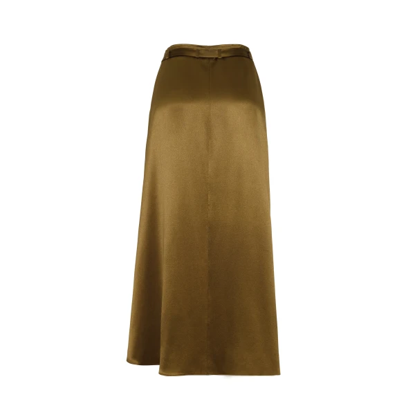 offering a rich sheen and fluid drape. Rendered in a deep olive hue