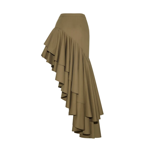 the Cortés Skirt is crafted from cotton twill in a rich military green hue. Featuring a dramatic asymmetrical ruffle