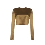 Keira Top is crafted from luxurious double-face silk charmeuse in a rich olive hue. Its structured silhouette and long sleeves offer a sophisticated