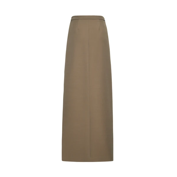 crafted from luxurious silk wool in a sophisticated military green hue. The sleek design is accentuated by a fabric-covered belt