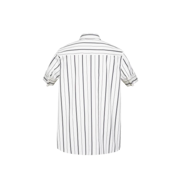 this season’s version features a classic ivory and black stripe. The piece features diamond monogram mother of pearl buttons along the center front placket