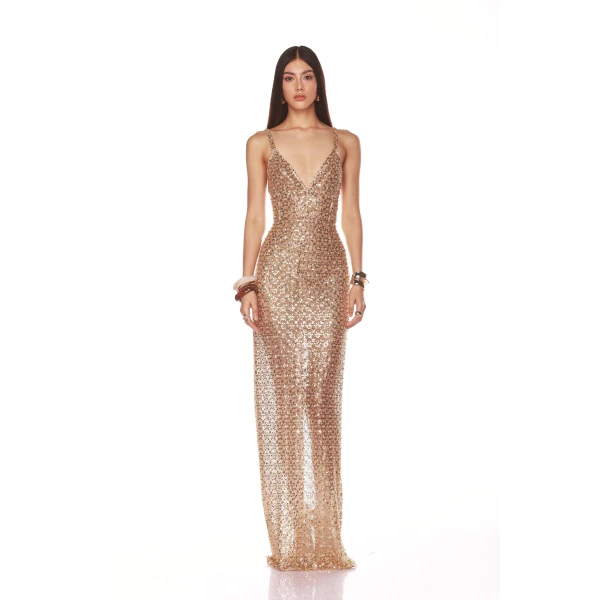 Bronx and Banco Gold Allegra Gold Sequin Maxi Dress  a harmonious blend of structured elegance and timeless sophistication.