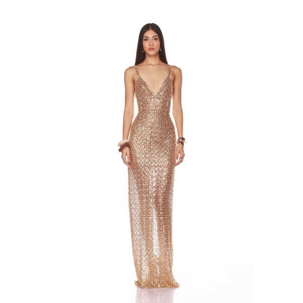 Bronx and Banco Gold Allegra Gold Sequin Maxi Dress  a harmonious blend of structured elegance and timeless sophistication