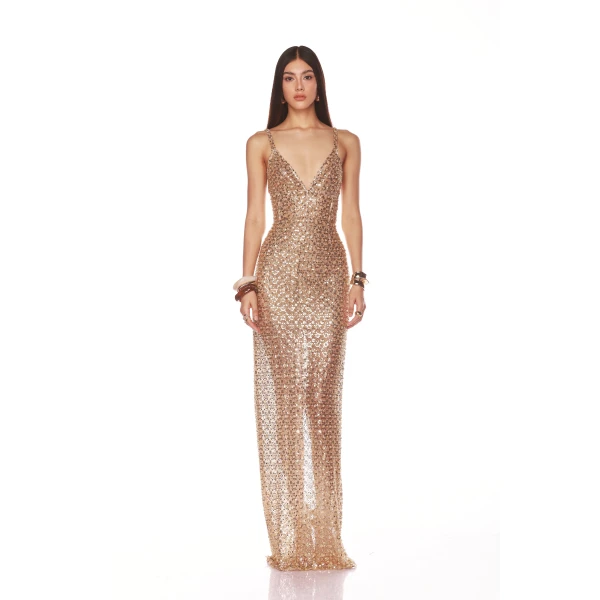 Bronx and Banco Gold Allegra Gold Sequin Maxi Dress  a harmonious blend of structured elegance and timeless sophistication
