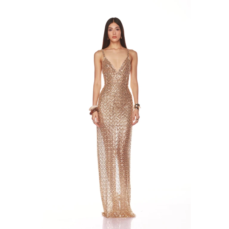 Bronx and Banco Gold Allegra Gold Sequin Maxi Dress  a harmonious blend of structured elegance and timeless sophistication