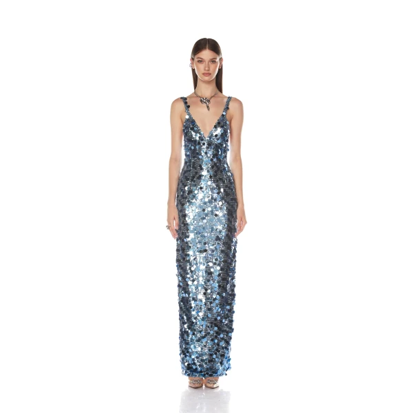 Bronx and Banco Blue Allegra Ocean Blue Sequin Maxi Dress  a harmonious blend of structured elegance and timeless sophistication.