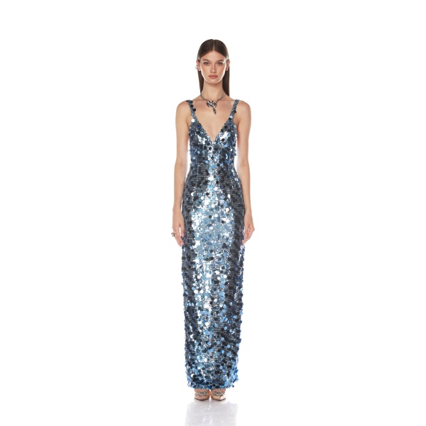 Bronx and Banco Blue Allegra Ocean Blue Sequin Maxi Dress  a harmonious blend of structured elegance and timeless sophistication