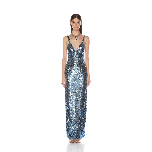 Bronx and Banco Blue Allegra Ocean Blue Sequin Maxi Dress  a harmonious blend of structured elegance and timeless sophistication