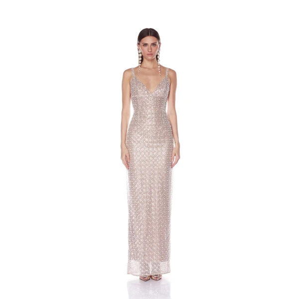 Bronx and Banco Silver Allegra Silver Sequin Maxi Dress  a harmonious blend of structured elegance and timeless sophistication.